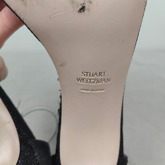 Stuart Weitzman‎ The Ruby Nudist Heels Womens 8 Black Glitter Sandals Shoes Glam - Picture 8 of 11